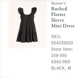 Abercrombie Black Ruched Flutter Sleeve Mini Dress - M
